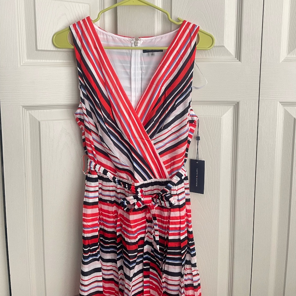 NWT Tommy Hilfiger Striped Sleeveless Dress Wrapped V-Neckline A-Line Tie.  #099